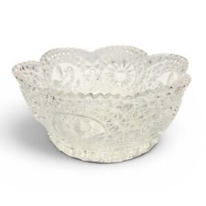Vtg 1985 Hofbauer Clear Lead Crystal Cut Glass Bird Flower Scalloped Round Bowl